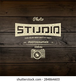 Photography logo badges logos and labels for any use, On wooden background texture