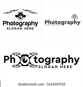 Photography logo with black camera drone propeller symbol vector combination suitable for technology digital business studio company