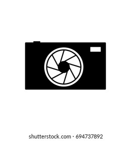 photography logo, black camera logo with lens at the middle and flash light at the coner, symbol camera, icon camera,simple camera logo, flat design, A black camera with a white lens