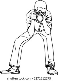 Photography logo, Camera man vector, Sketch drawing of Cameraman taking photo in stylish pose, cameraman in standing pose
