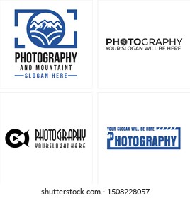 Photography logo with camera video shutter mountain play button and rectangle blue black suitable for agriculture business company studio technology
