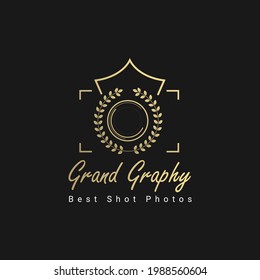 photography logo design with a camera and caesar crown leaves