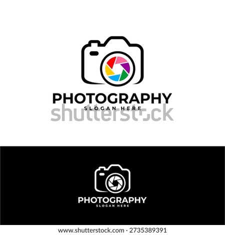 photography logo design featuring camera outline with vibrant colorful rainbow aperture shutter symbol in lens center