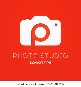 Photography logo design template. Creative logo concept for photo studio with letter P inside. Photograph symbol for creative business identity. Isolated on red background. Vector Illustration 