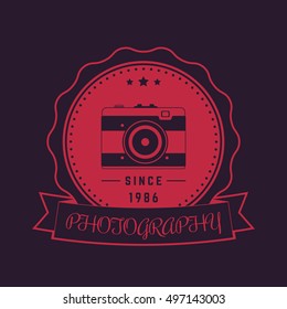 photography logo, emblem, badge with old camera, vector illustration