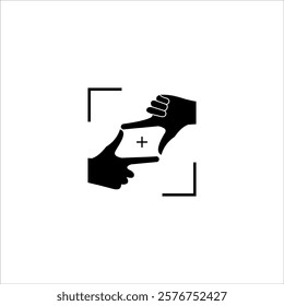 photography logo with focus camera icon and hand pose thumb  ,index finger save memories concept design vector