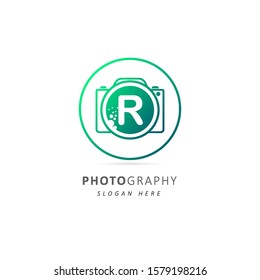 Photography logo with initial letter r and circle element, vector illustration symbol template