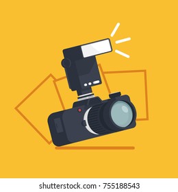 Photography logo with photo camera and lighting flash, photo studio 3d flat vector on photo-frame background  