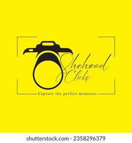 A photography logo representing a camera and a square representing photography relating stuff and a minimal font representing the company name with a short and great tagline