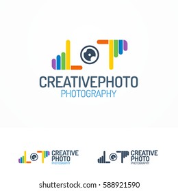 Photography logo set with lens and colorful hands line color style for use photostudio, photoalbum, photoschool, photoeducation, photolaboratory, food photo, wedding and etc. Vector Illustration