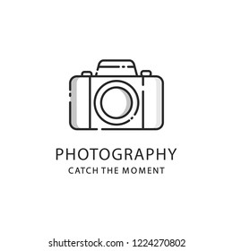 Photography logo sign. Photo camera emblem, linear art logotype badge. Vector illustration