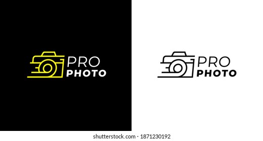 Photography logo template. Camera line icon. Pro photo symbol. Premium photographer brand sign. Vector illustration.