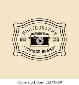 Photography logo. Vector vintage old camera label, badge, emblem. Hand sketched illustration for studio, store etc.