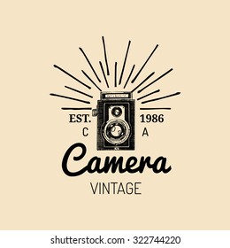 Photography logo. Vector vintage old camera label, badge, emblem. Hand sketched illustration for studio, store etc.