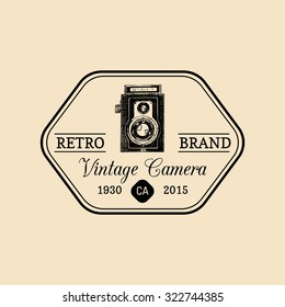 Photography logo. Vector vintage old camera label, badge, emblem. Hand sketched illustration for studio, store etc.