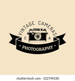 Photography logo. Vector vintage old camera label, badge, emblem. Hand sketched illustration for studio, store etc.