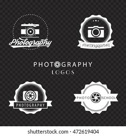 photography logos for photo school, photographer emblems with retro camera, aperture sign