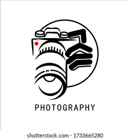 Photography logos, photography studio logo templates, camera with hand, circle and white background