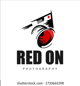 Photography logos, photography studio logo templates, camera with initial RED ON and white background