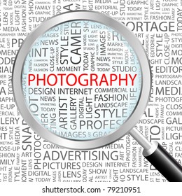 PHOTOGRAPHY. Magnifying glass over background with different association terms. Vector illustration.