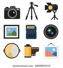 Photography media icon set with camera tripod studio light lens memory card film photo frame and image for creative app website poster and production design