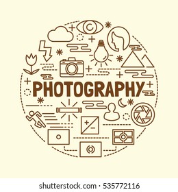 photography minimal thin line icons set, vector illustration design elements