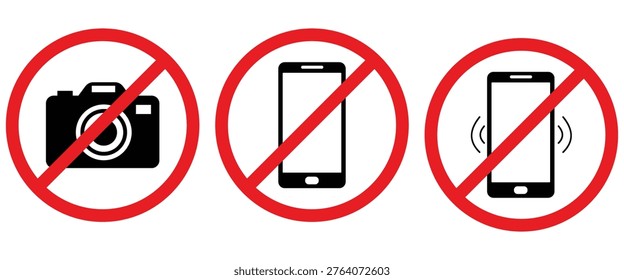 “No Photography Mobile Device Warning Signs Set  Prohibition Icons for Cameras, Phones, and Video Recording in Red Circle Slash Vector”