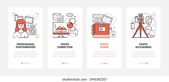 Photography - modern line design style web banners with copy space for text. Professional photographer services, equipment and programs. Photo correction, album and accessories carousel posts