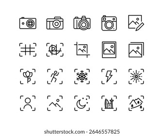 Photography Modes and Photo Editing Vector Icon Set – Digital Camera, DSLR, Instant Camera, Composition, Crop, Portrait, Landscape, Macro, Night, Fireworks, Photo Album, Modes Guide