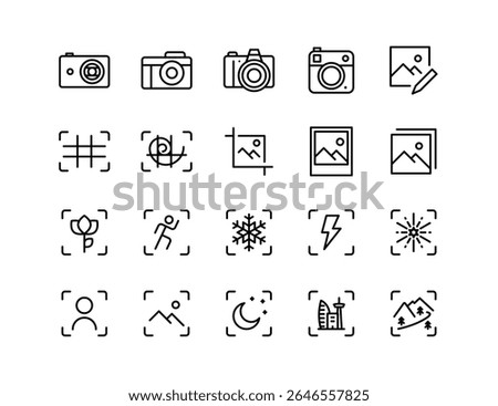 Photography Modes and Photo Editing Vector Icon Set – Digital Camera, DSLR, Instant Camera, Composition, Crop, Portrait, Landscape, Macro, Night, Fireworks, Photo Album, Modes Guide