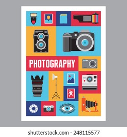 Photography - mosaic flat style poster. Icons set. Photo illustrations. Print creative concept layout. Design elements.