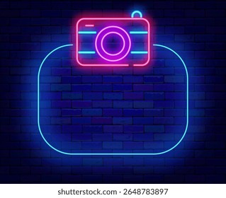 Photography neon flyer. Empty blue frame and camera. Night club dance party. Vector stock illustration