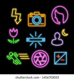photography neon icons, vector neon glow on dark background