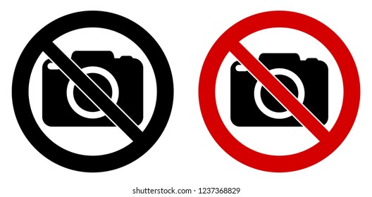 Photography not allowed sign. Camera icon in crossed circle. Black and red version.