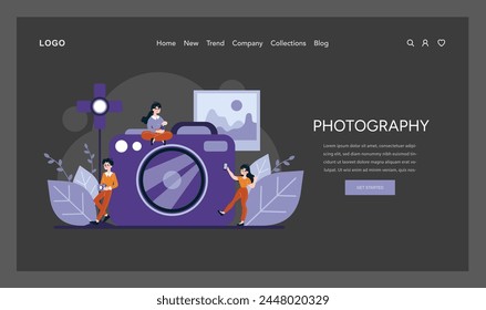 Photography passion. Creatively capturing the essence of moments, characters interact with an oversized camera, highlighting the captivating world of photography. Vector illustration