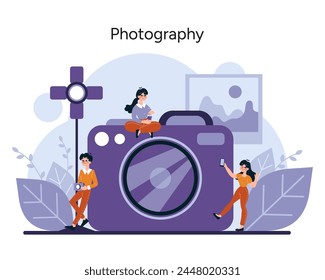 Photography passion. Creatively capturing the essence of moments, characters interact with an oversized camera, highlighting the captivating world of photography. Vector illustration