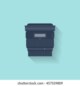 Photography. Photo camera in a flat style with lens. Photoshooting.Photographing equipment.Vector illustration.