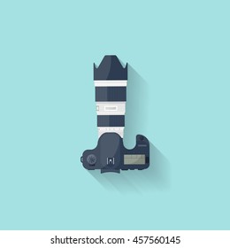 Photography. Photo camera in a flat style with lens. Photoshooting.Photographing equipment.Vector illustration.