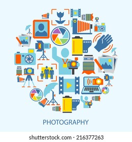 Photography photo equipment mode studio editing decorative icons flat vector illustration