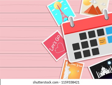 photography and photo picture. calendar check in point travel around the world concept Design Invitation Template map on wood Background Design, Card greeting Poster, banner, summer, paper art, vector