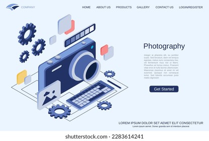 Photography, photo production, montage, editing modern 3d isometric vector concept illustration. Cartoon photo camera icon. Landing page design template