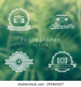 photography, photo school, photographer logo, emblems, signs on green blur background, vector illustration, eps10, easy to edit