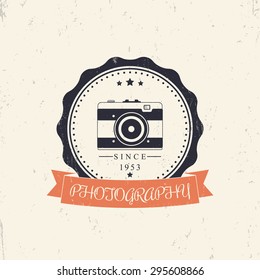 photography, photographer grunge vintage logo, emblem, sign with retro camera, vector illustration, eps10, easy to edit