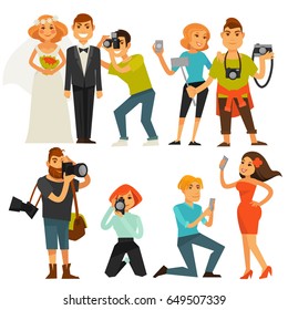 Photography and photographers at travel, wedding or smartphone selfie vector flat icons