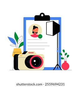 Photography Portfolio Setup With Camera, Lighting Equipment, And Clipboard In Flat Vector Illustration Symbolizing Professional Photo Studio, Isolated On White Background.