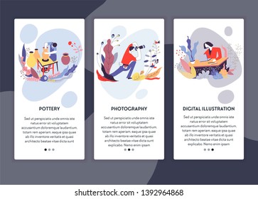 Photography pottery and digital illustration web page templates vector art or hobby online learning classes or video lessons Internet site mockup crafted clay vases photo camera and modern laptop
