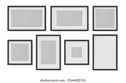 Photography or prints frames made of plastic or wood. Vector isolated set of borders for visuals and graphics. Home interior design decoration. Poster or certificate display, presentation of product