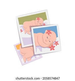Photography process flat composition with stack of square photographs of baby vector illustration