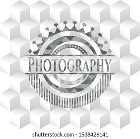 Photography realistic grey emblem with geometric cube white background