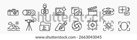 Photography related icon set, Editing, Media Production Icons, icons set featuring photography tools, image editing, video shooting, VR, filters, focus, creativity, media folders, Camera, Editing, VR